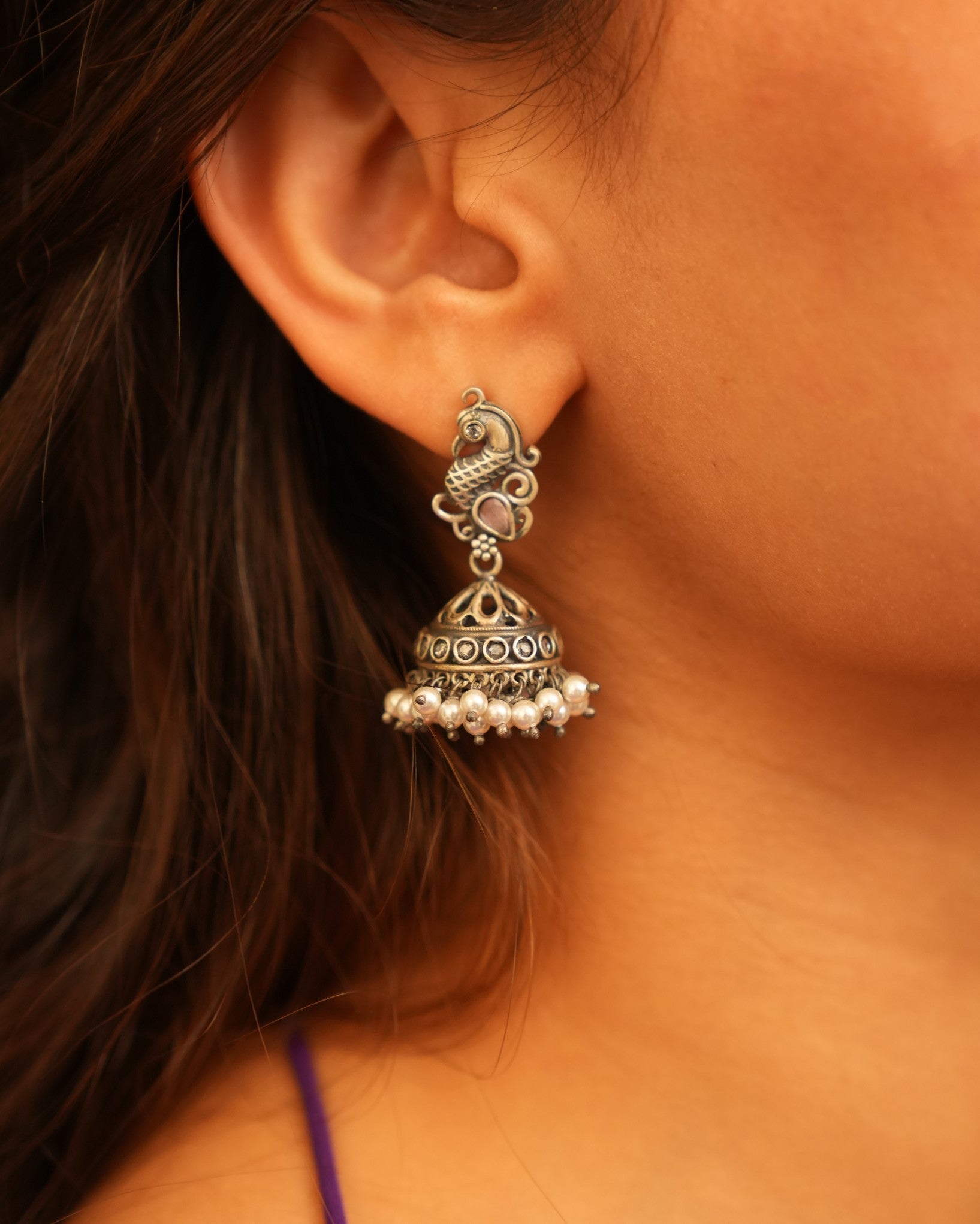 Oxidised Silver Earrings with Peacock Detailing